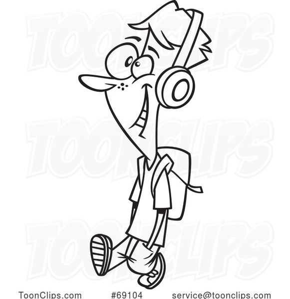 Cartoon Lineart Teen Guy Walking and Wearing Headphones