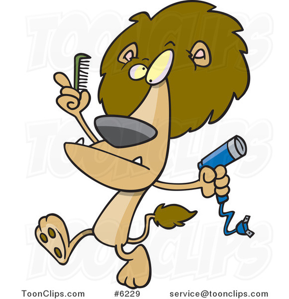 Cartoon Lion Using a Comb and Blow Dryer on His Mane