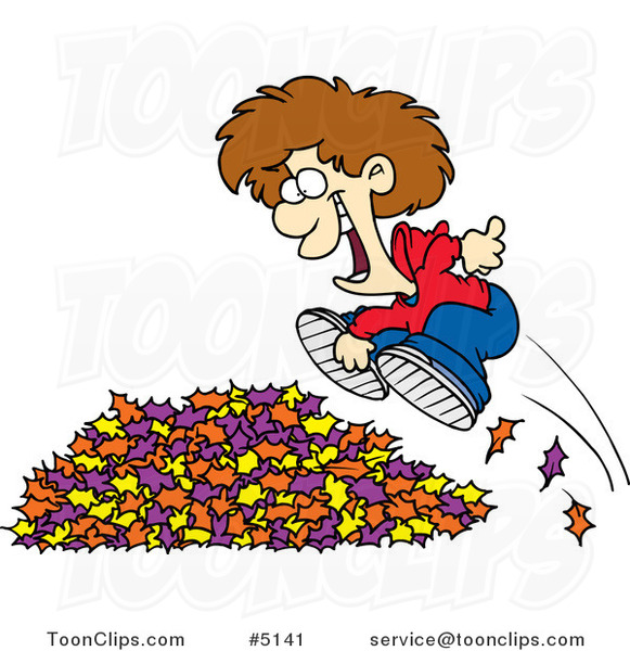Cartoon Little Boy Jumping in Leaves