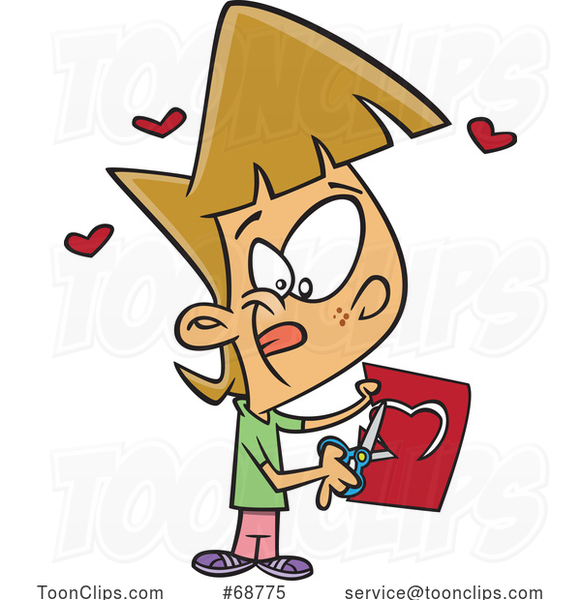 Cartoon Little Girl Cutting a Heart in a Valentines Day Card