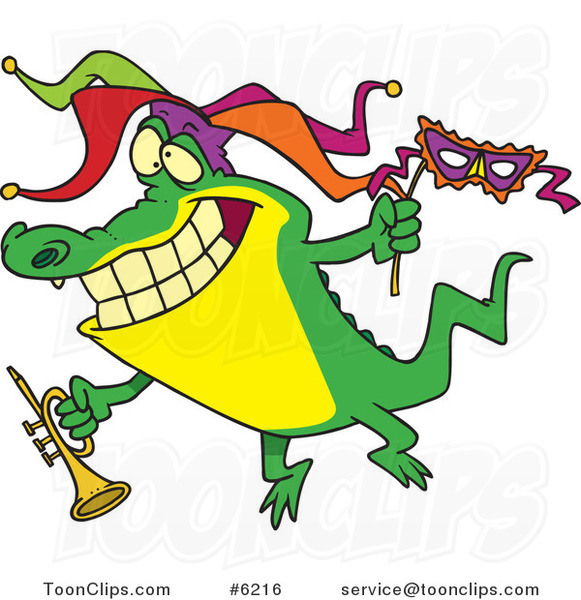 Cartoon Mardi Gras Crocodile Holding a Trumpet