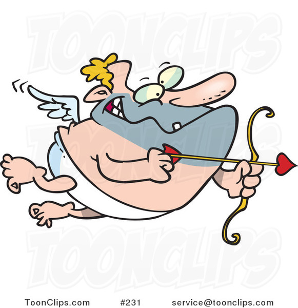 Cartoon Mis-Shaven Chubby Cupid with Blond Hair, Flying with a Heart Arrow Aimed