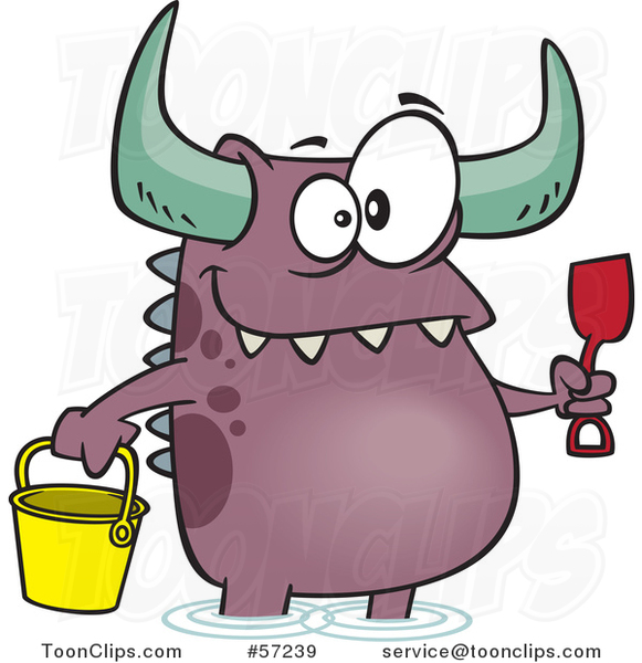 Cartoon Monster with a Bucket and Shovel, Wading on a Beach