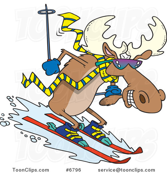 Cartoon Moose Skiing Downhill