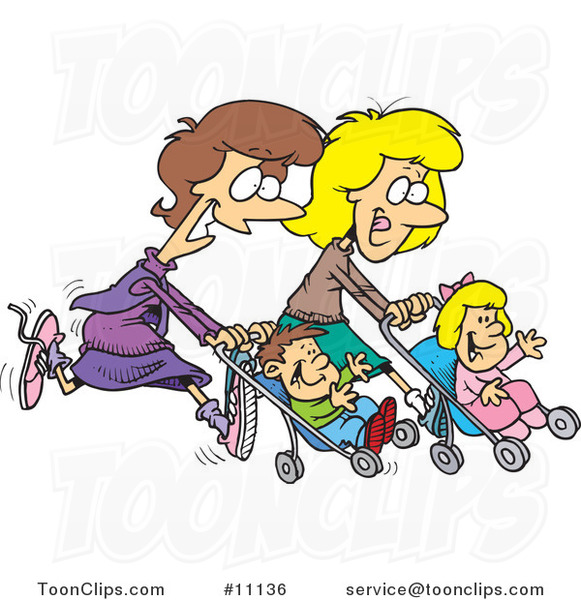 Cartoon Mothers Running with Strollers