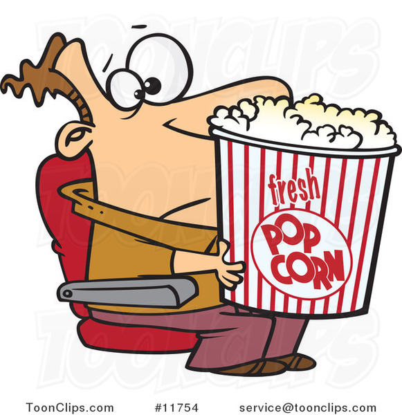 Cartoon Movie Guy Holding a Big Bucket of Popcorn