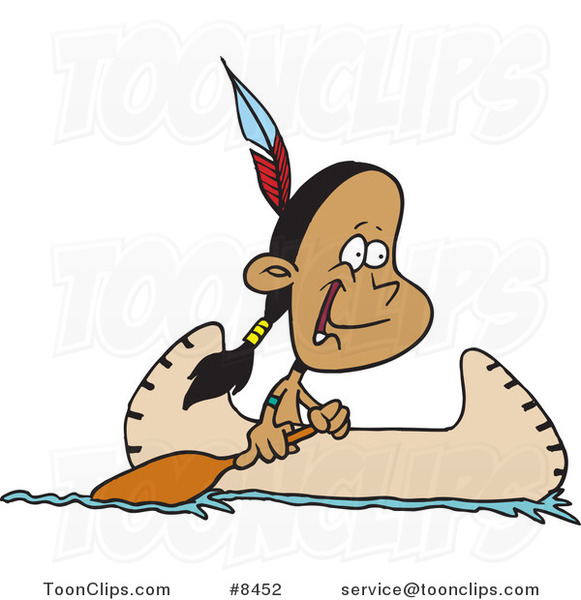 Cartoon Black and White Line Drawing of a Native American Guy Bow Fishing  #4422 by Ron Leishman