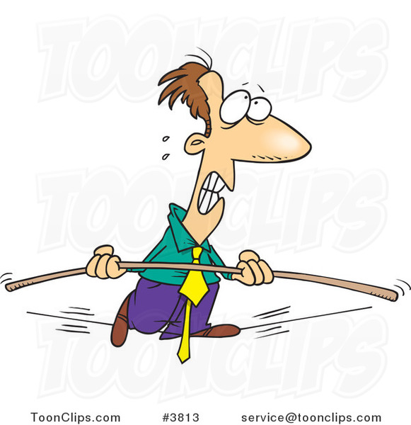 Cartoon Nervous Business Man Walking a Tight Rope with a Bar #3813 by Ron  Leishman