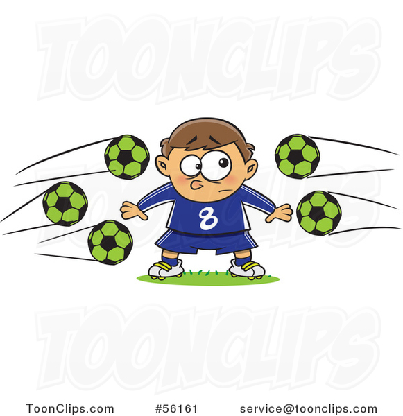 Cartoon Nervous Goal Tender White Boy with Soccer Balls Flying at Him