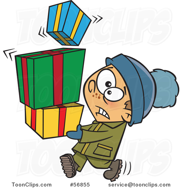 Cartoon Nervous White Boy Carrying a Shaky Stack of Christmas Gifts