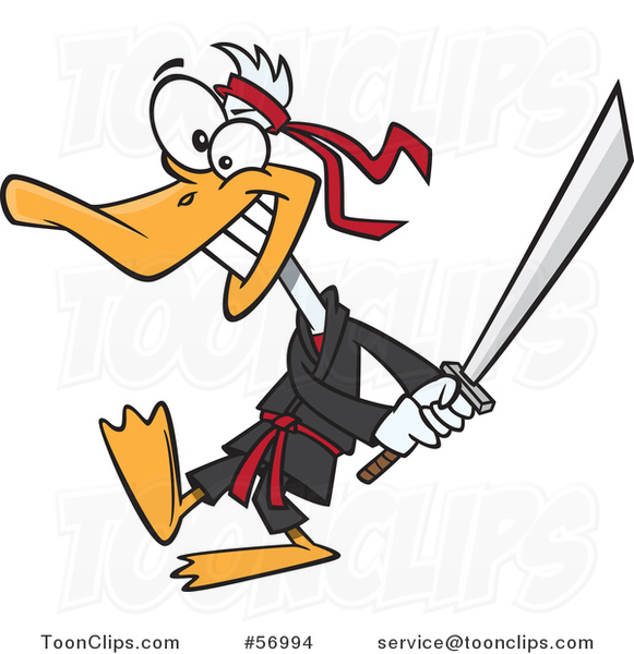 Cartoon Ninja Duck in Black, Swinging a Katana Sword