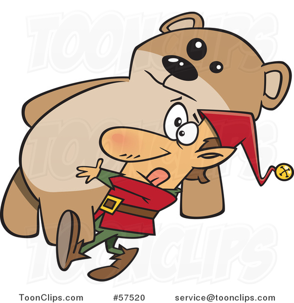 Cartoon of Christmas Elf Carrying a Giant Teddy Bear