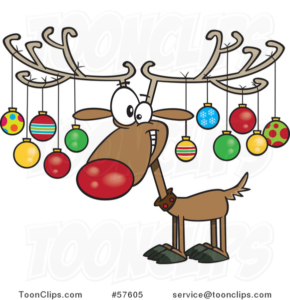 Cartoon of Christmas Reindeer with Ornaments on His Antlers