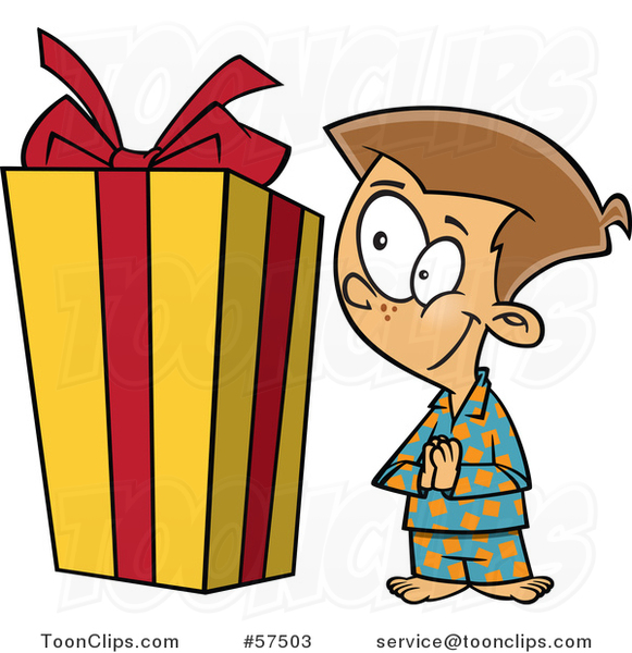 Cartoon of Curious Boy Looking at a Large Christmas Present