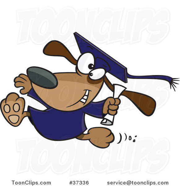 Cartoon of Happy Dog Running with Diploma