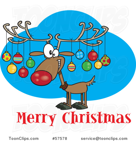 Cartoon of Reindeer with Ornaments on His Antlers Above Merry Christmas  Text #57578 by Ron Leishman