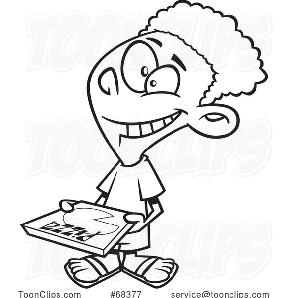 Cartoon Outline Black Boy Carrying a Pizza Box