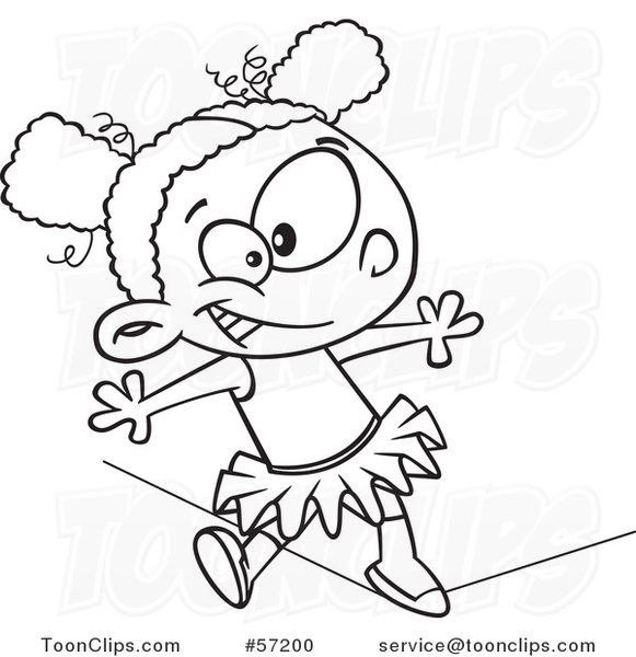 Cartoon Outline Black Girl Walking a Circus Tight Rope #57200 by