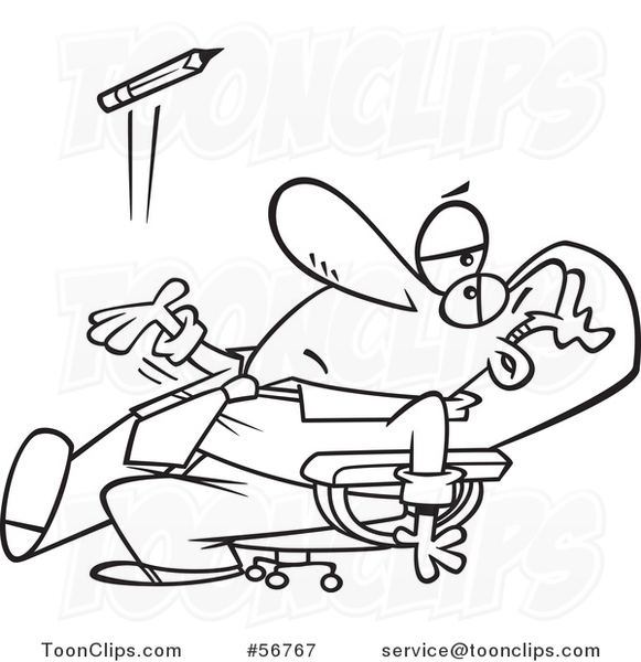 Cartoon Outline Bored Executive Business Man Leaning Back in His Chair and Tossing a Pencil