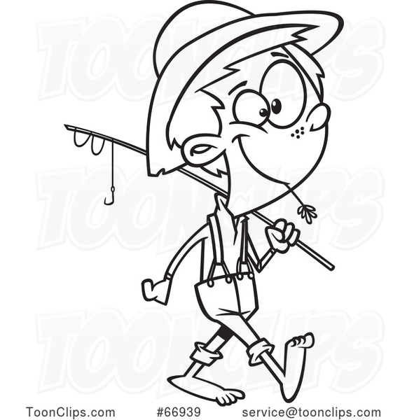 Cartoon Outline Boy Carrying a Fishing Pole #66939 by Ron Leishman