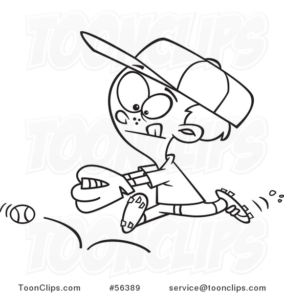 Cartoon Outline Boy Chasing a Bouncing Baseball
