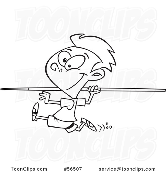 Cartoon Outline Boy Running and Preparing to Throw a Javelin
