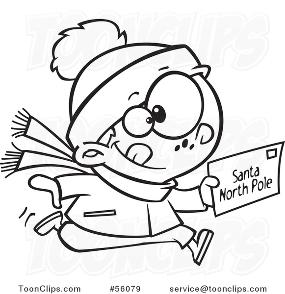 Cartoon Outline Boy Running with a Christmas Santa Letter