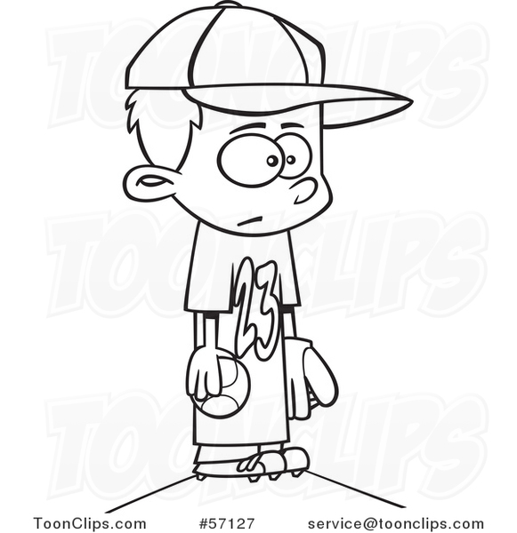 Cartoon Outline Boy Wearing a Big Jersey and Standing on Baseball Pitchers Mound
