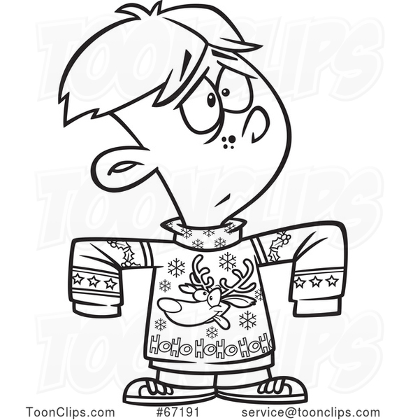 Cartoon Outline Boy Wearing a Big Rudolph Christmas Sweater