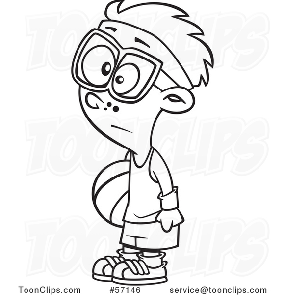 Cartoon Outline Boy Wearing Glasses and a Headband, Holding a Ball at Recess