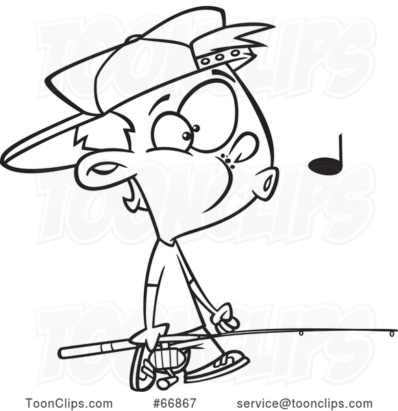 Cartoon Outline Boy Whistling and Carrying a Fishing Pole #66867