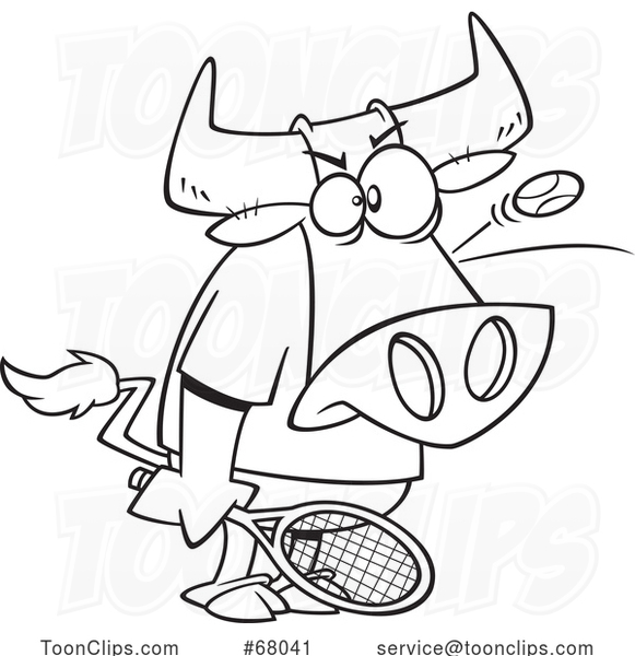 Cartoon Outline Bull Playing Tennis with a Ball Bouncing off of His Head