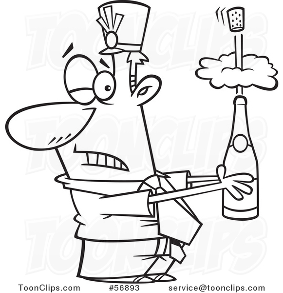 Cartoon Outline Businessman Holding an Exploding Bottle of Champagne at a New Year Party