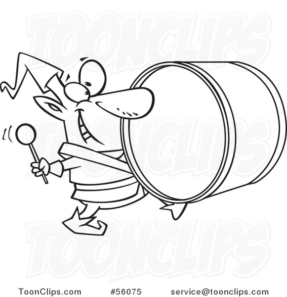 Cartoon Outline Christmas Elf Marching and Playing the Drums