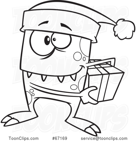 Cartoon Outline Christmas Elf Monster Holding a Gift