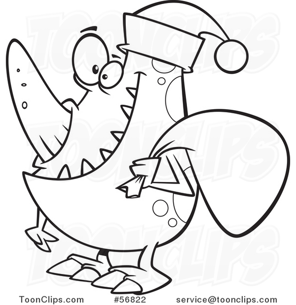 Cartoon Outline Christmas Monster Wearing a Santa Hat and Carrying a Sack