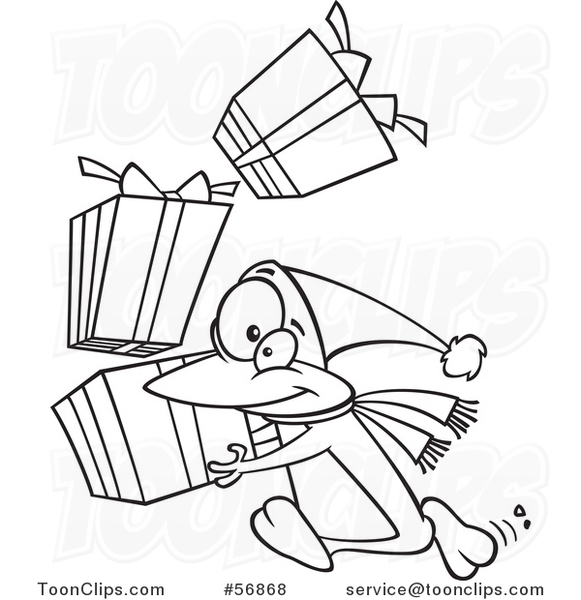Cartoon Outline Christmas Penguin Running with a Stack of Gifts
