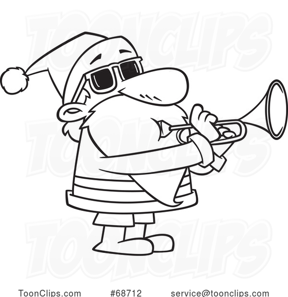 Cartoon Outline Christmas Santa Playing a Trumpet
