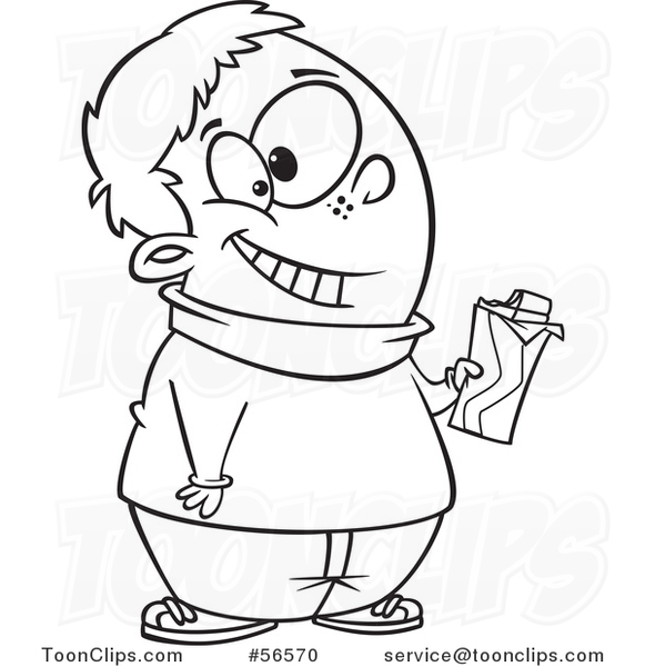 Cartoon Outline Chubby Boy Holding a Chocolate Candy Bar