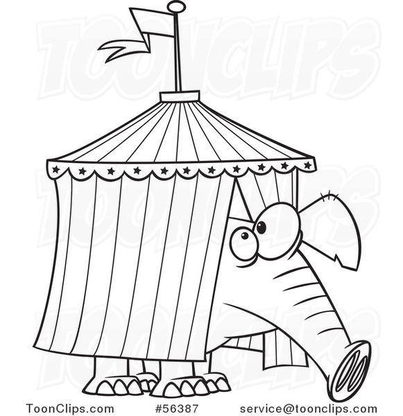 Cartoon Outline Circus Elephant Stuck in a Big Top Tent