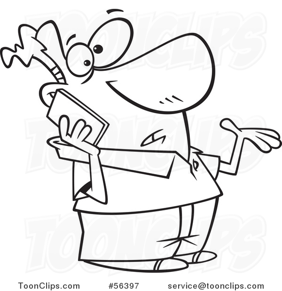 Cartoon Outline Confused Shrugging Guy Talking on a Smart Cell Phone #56397  by Ron Leishman