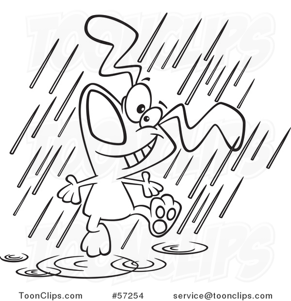 Cartoon Outline Dog Dancing in the Rain