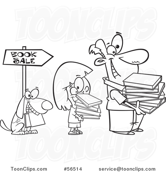 Cartoon Outline Dog, Girl and Guy Holding Books and Waiting in Line at a Sale