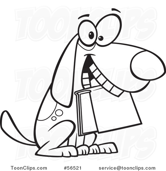 Cartoon Outline Dog Sitting with a Book in His Mouth