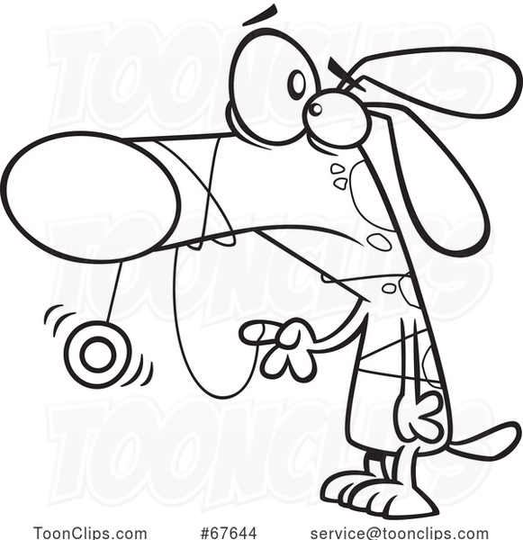 Cartoon Outline Dog with His Snout Tangled in a Yo Yo String