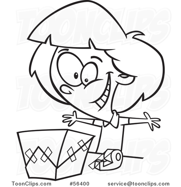 Cartoon Outline Excited Girl Wrapping a Gift