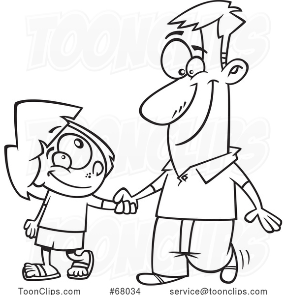 Cartoon Outline Father and Daughter Holding Hands