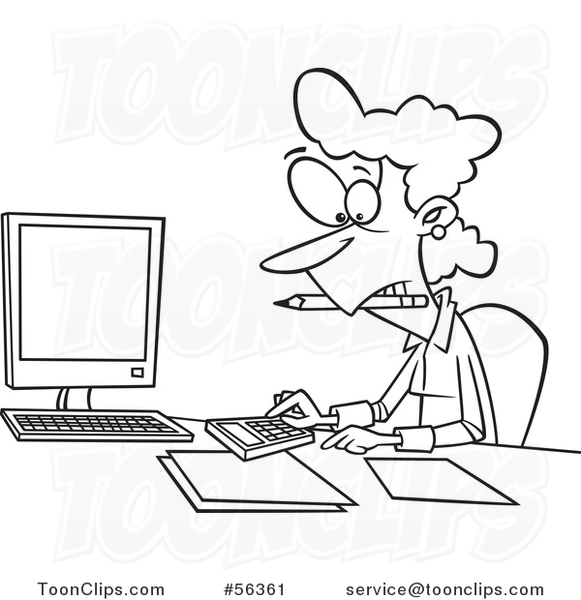 Cartoon Outline Female Accountant Working Hard at Her Desk