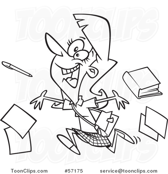 Cartoon Outline Female Teacher Running and Tossing Items on the Last Day of School