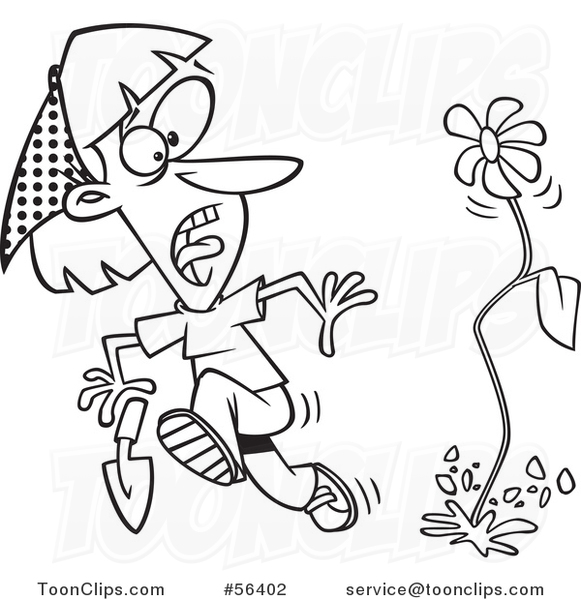 Cartoon Outline Flower Springing up and Scaring a Lady in a Garden